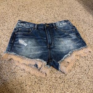 Free People Blue Jean Shorts with Lace Trim